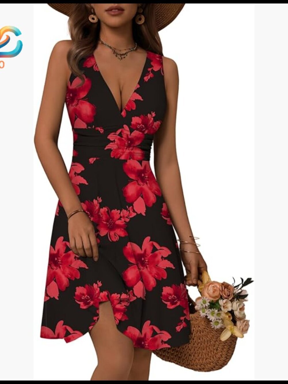 Knee-Length Sleeveless Floral Sundress with Pockets, Deep V-Neck, Ruched Waist